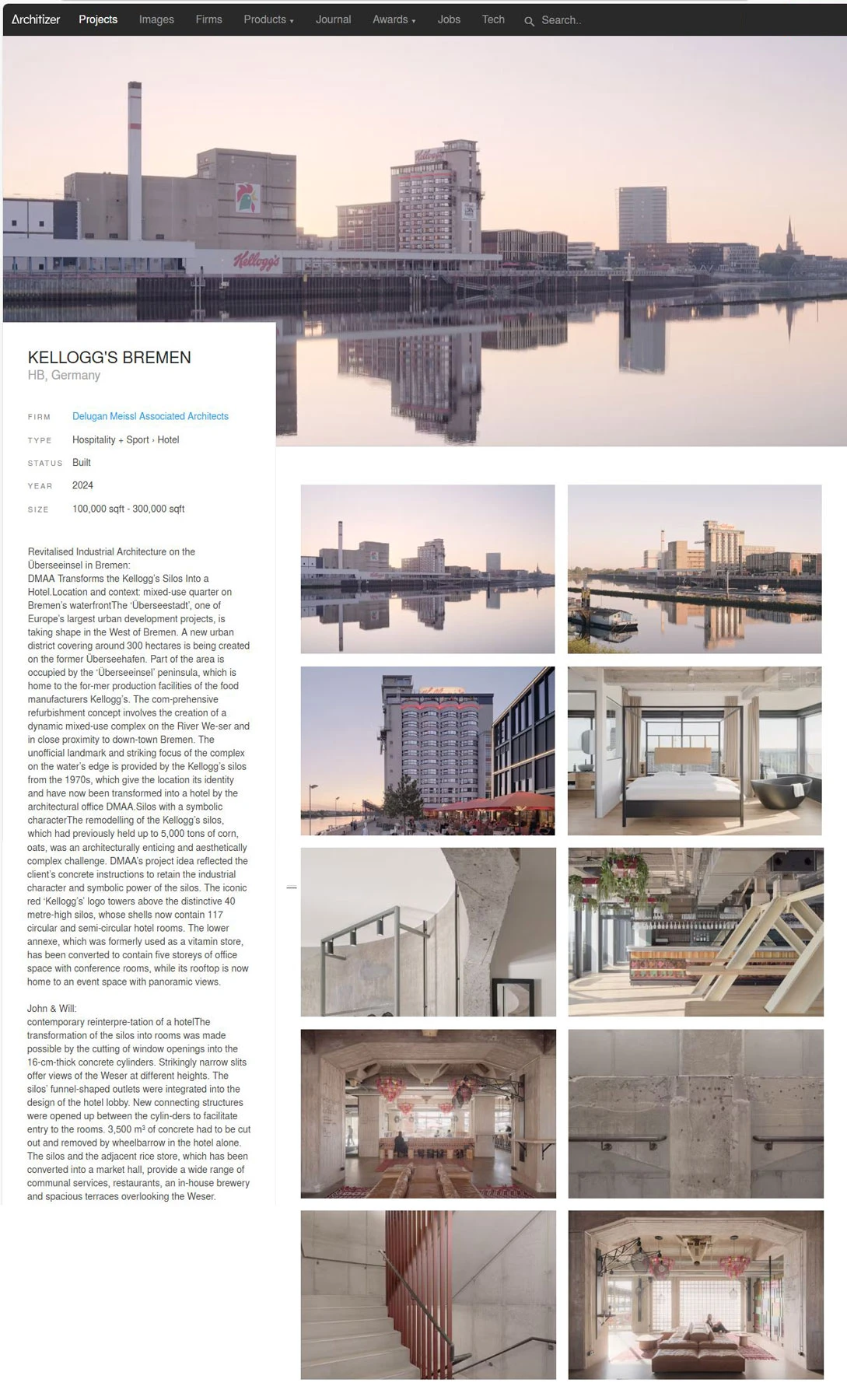 Architizer project page: Kellogg's Bremen, an industrial architecture project in Bremen, Germany; grid of interior and exterior photos.