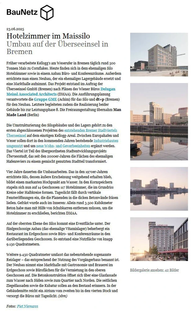 BauNetz article page about hotel-room conversion on Überseinsel, Bremen; right column shows vertical gallery of modern waterfront buildings.