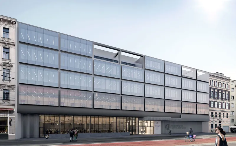 Modern glass-fronted office building with a stacked facade; pedestrians walking and a cyclist on an urban street.