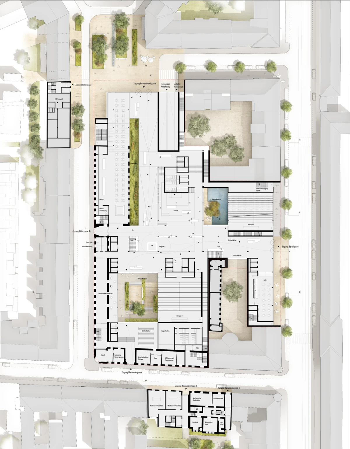 Aerial plan view of a large building complex with courtyards, surrounding streets, and landscaping.