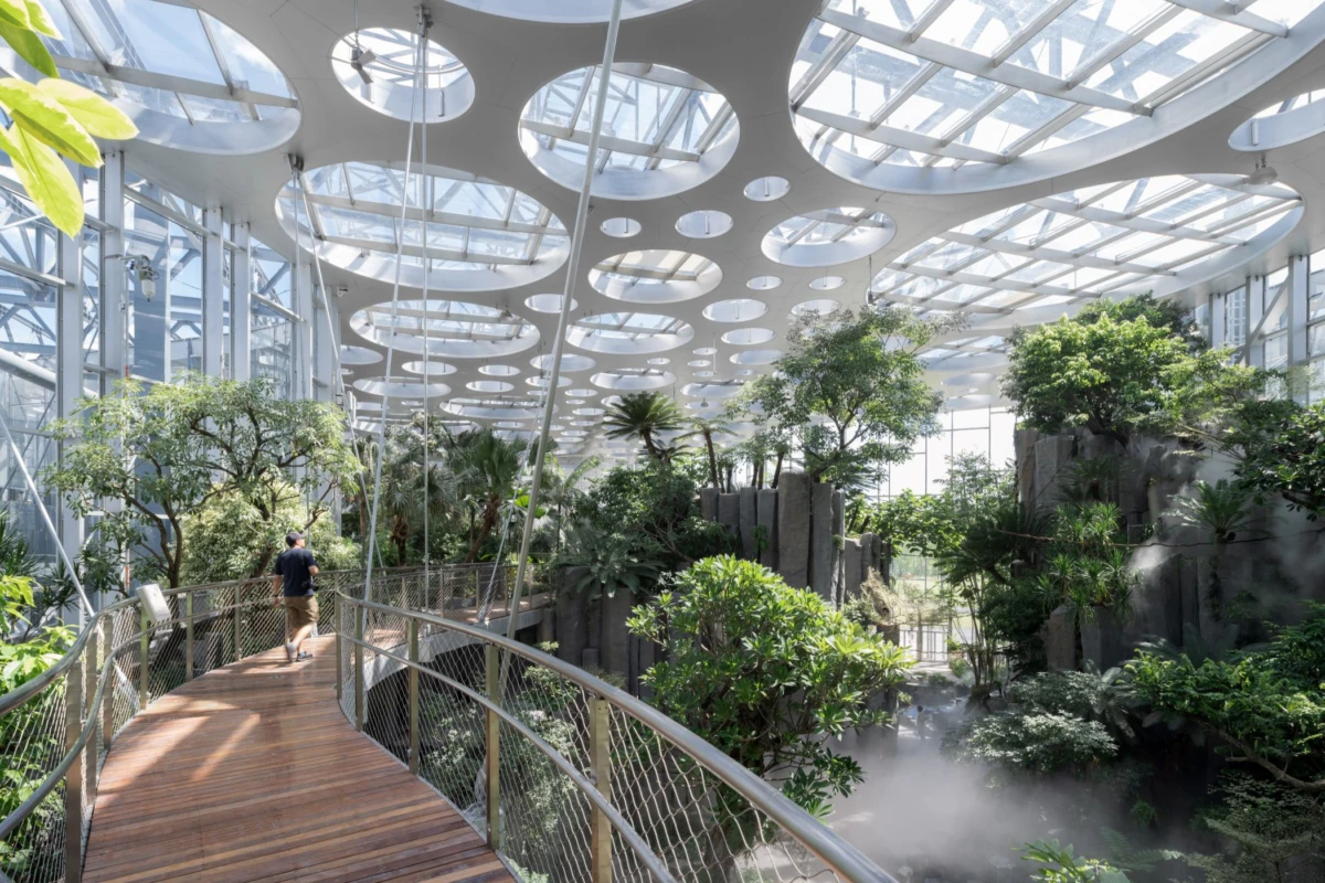 Visitor walking on a curved wooden walkway inside a glass-enclosed tropical greenhouse, with circular skylights and lush plants.