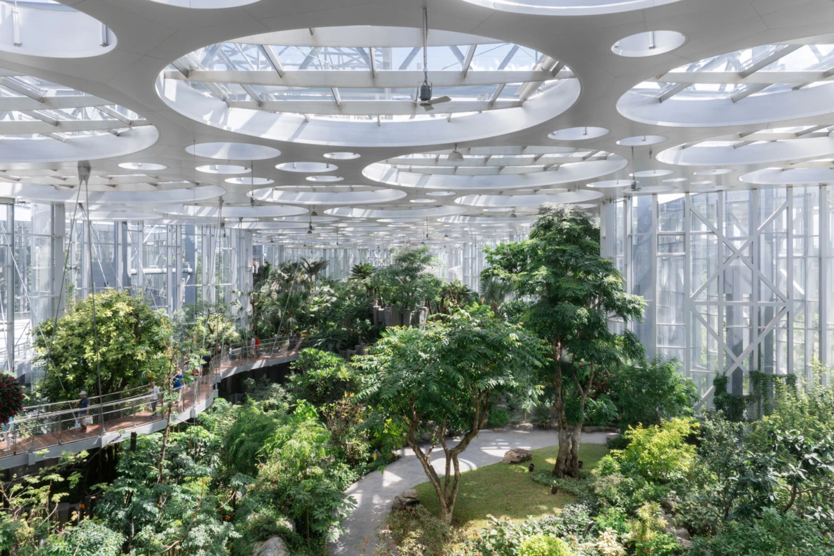 Indoor botanical conservatory with lush trees and shrubs; elevated walkway runs along the left, glass walls and circular skylights above.
