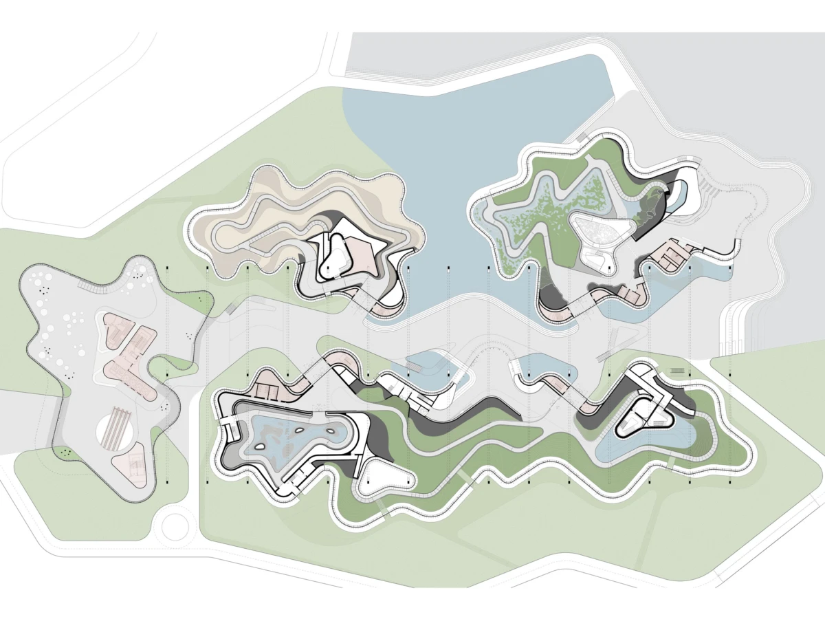 Aerial site plan of a terraced landscape with winding paths, water features, and green spaces.