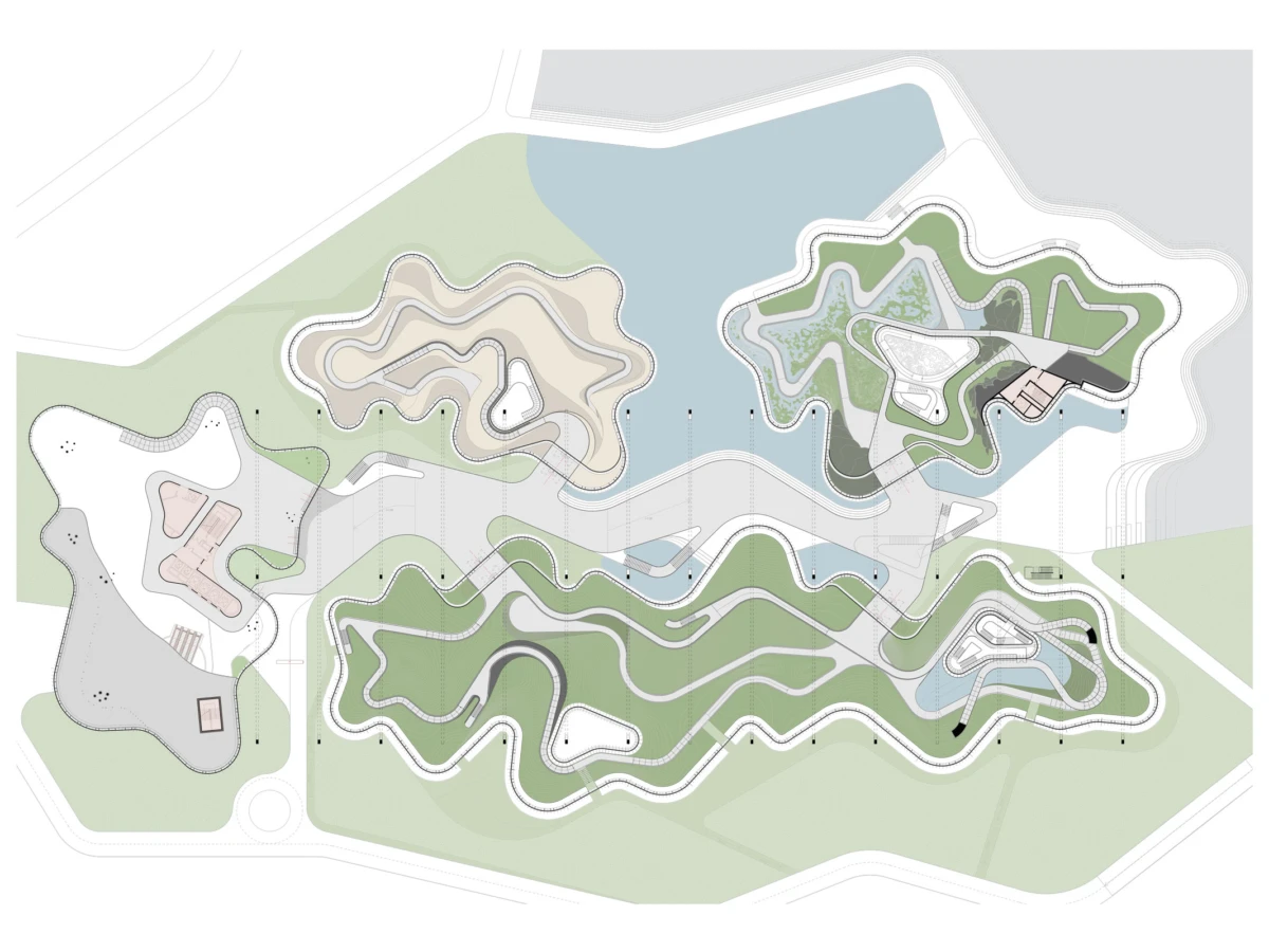 Park landscape master plan shows winding paths, terraced hills, and water features.