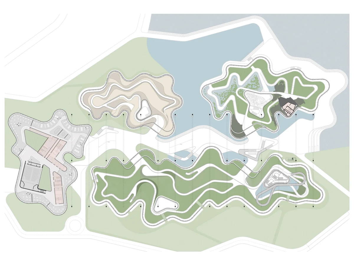 Landscape master plan showing winding roads across green hills, a water body, and island-like walking paths.