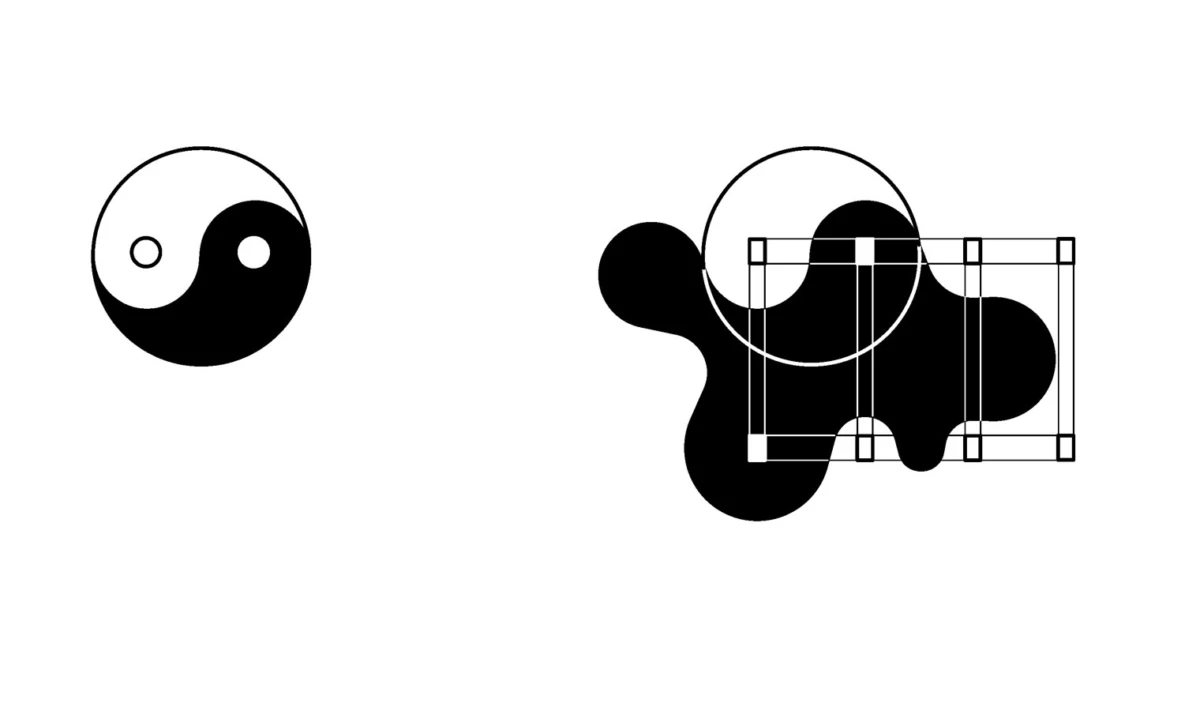 Yin-yang symbol; on the right, black abstract blob inside a vector-editing frame with guides and a selection box.