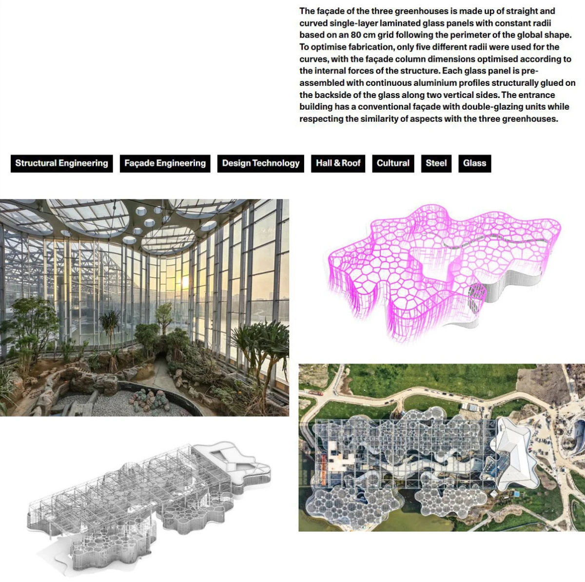 Collage of futuristic architecture: glass-greenhouse atrium, pink honeycomb lattice, white hexagonal modular model, aerial view of a honeycomb building complex.