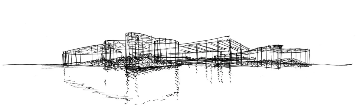 Line sketch of a modern, multi-wing architectural complex on a shoreline.