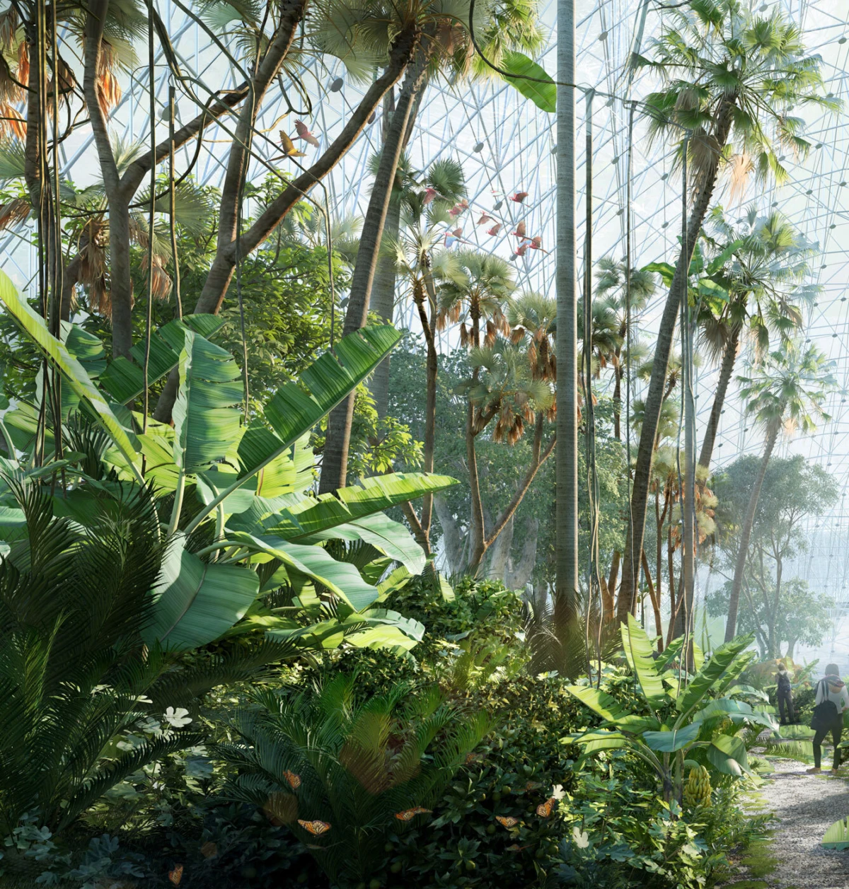 Indoor glass-domed tropical conservatory with tall palm trees, dense foliage, and visitors walking along a gravel path.