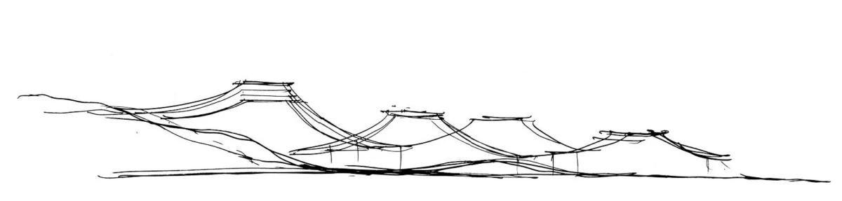 Line drawing of a cable-stayed bridge with tiered pagoda-like pavilions across a flat landscape.