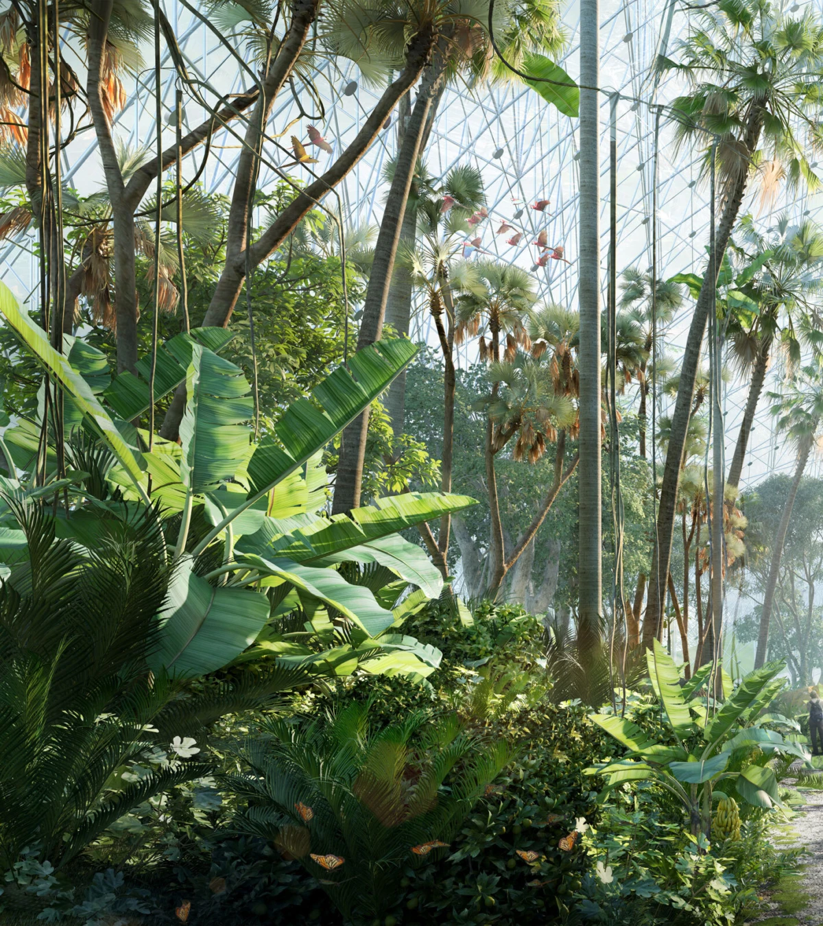 Inside a glass geodesic-dome conservatory, tall palm trees and banana plants form a dense tropical garden with colorful parrots perched overhead.