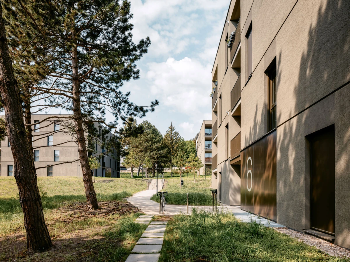 Beige apartment buildings flank a grassy, sunlit courtyard with a stone path and tall trees.