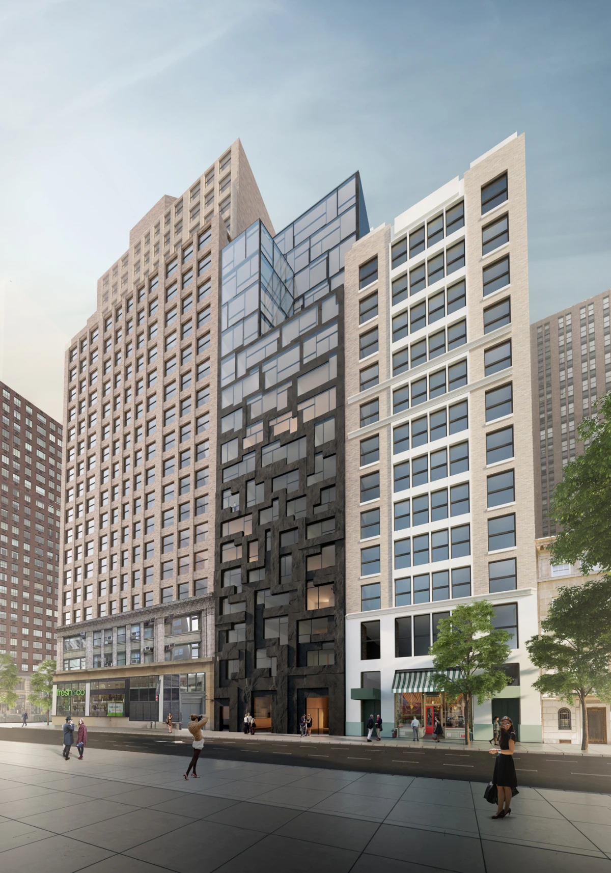 Modern mixed-use building with an irregular black glass facade between beige brick towers; pedestrians walk along an urban street.