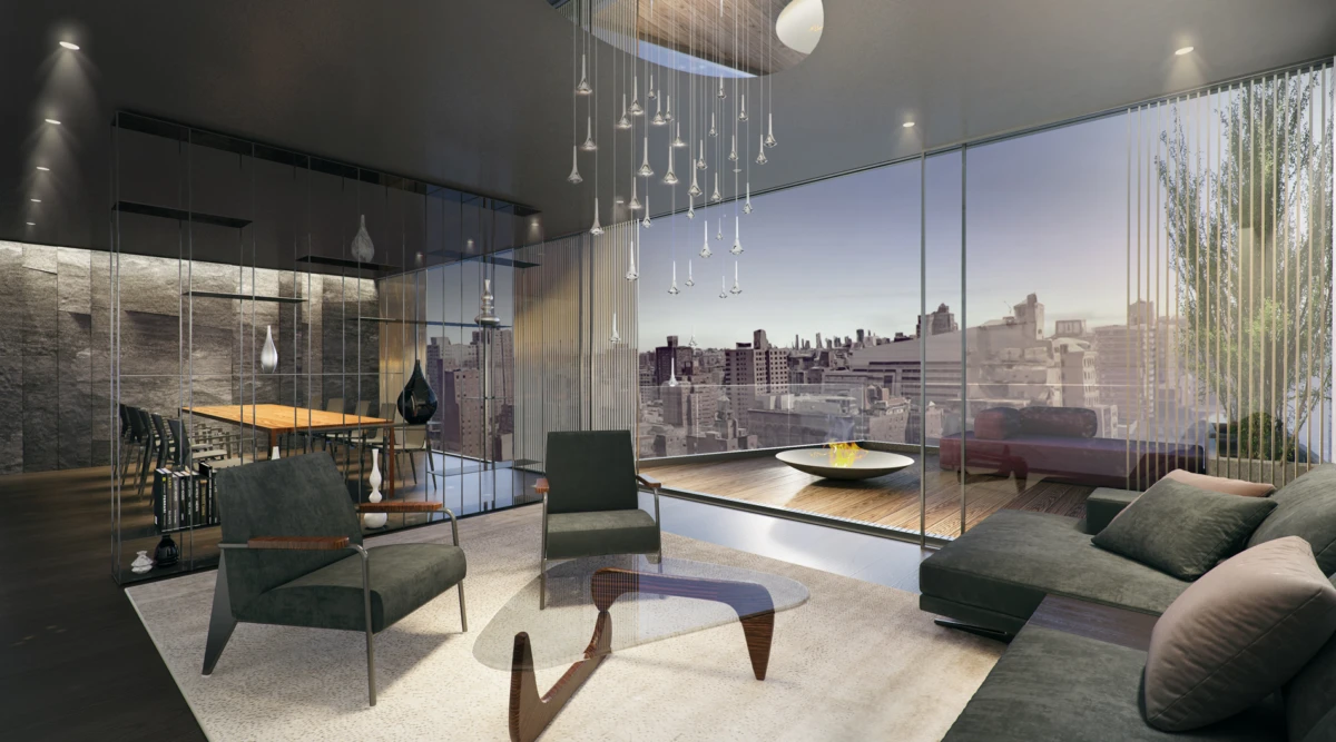 Modern living room with floor-to-ceiling glass walls and city skyline view; dark green sofa, two armchairs, glass coffee table, and pendant chandelier.