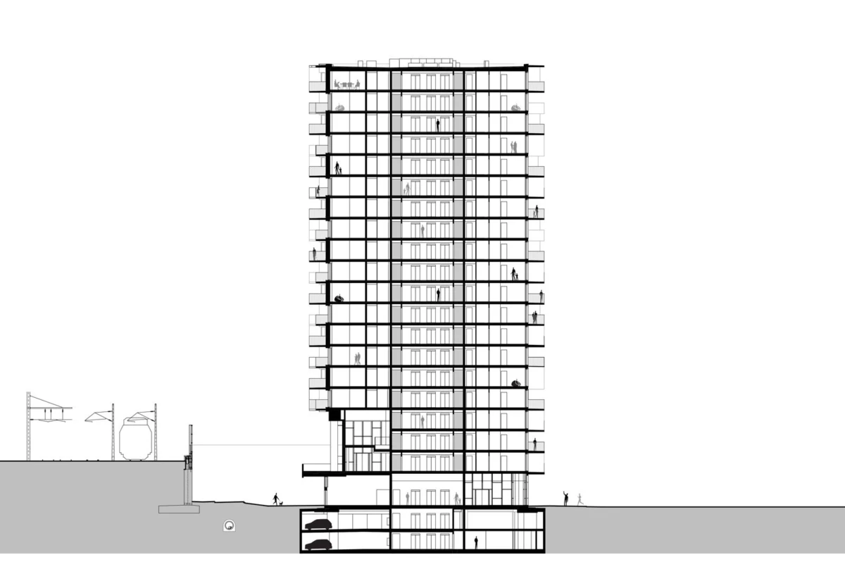 Cross-section of a tall office tower showing stacked floors with people inside, basement levels, and surrounding urban site.