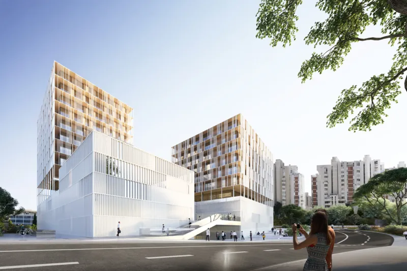 Modern mixed-use building complex with glass and wood facades; pedestrians on a curved street; a person takes photos in the foreground.