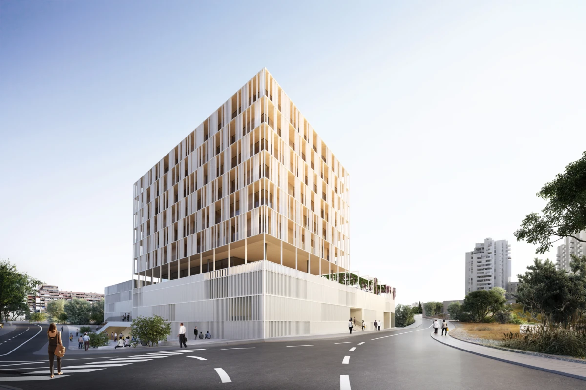 Modern cubic building with a wooden lattice facade atop a white base, along a curved urban street with pedestrians.