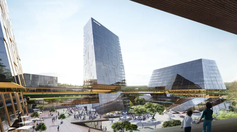Futuristic glass-tower complex with elevated walkways; people stroll through a spacious outdoor plaza lined with trees.