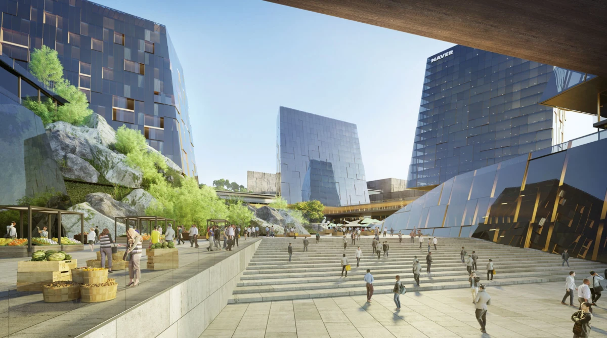 People stroll through a futuristic city plaza with glass towers and hillside market stalls along terraced steps.