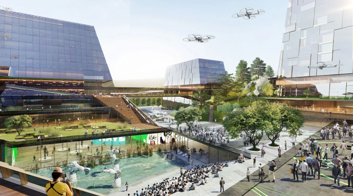 Crowd watches a robotics demonstration in a futuristic urban plaza with glass buildings and drones overhead.