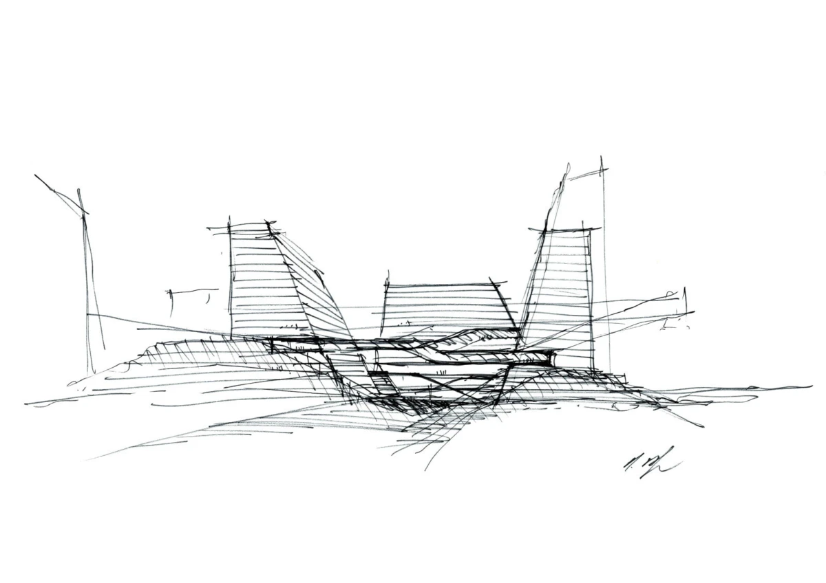 Abstract architectural sketch of a futuristic complex with two tall angular towers and interlocking sloped volumes on a flat landscape.