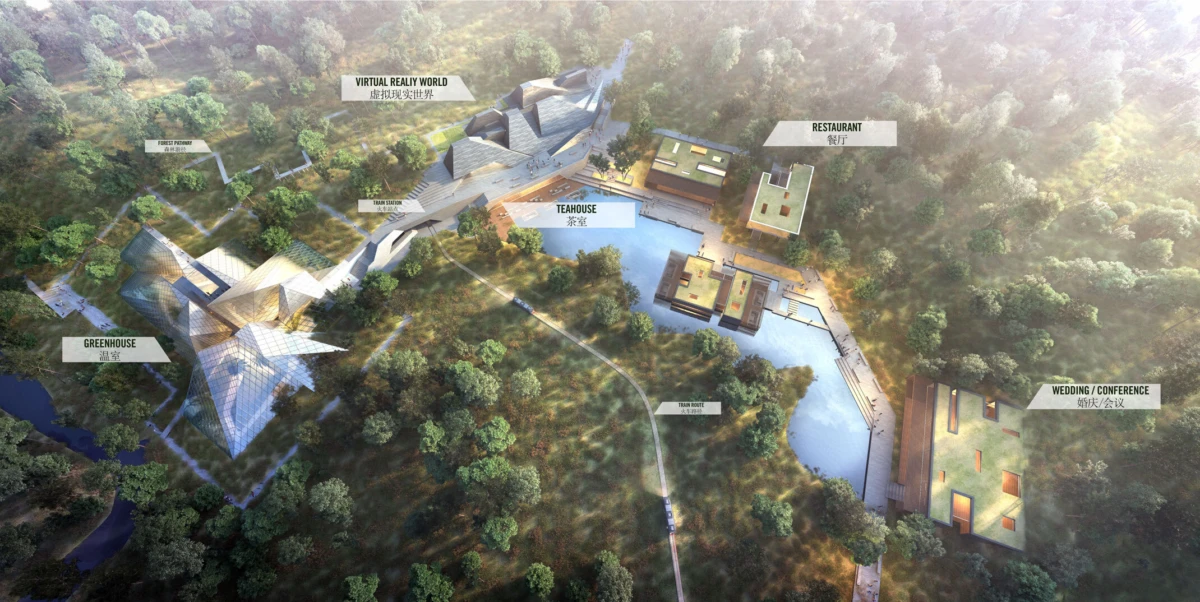 Aerial view of a forest resort with glass-roofed buildings along a winding waterway; Greenhouse, Tea House, Restaurant, Wedding/Conference.