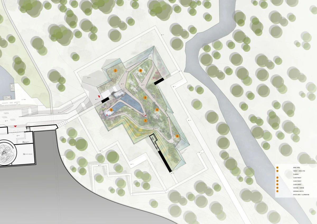 Site plan of a multi-level angular building with terraced gardens and winding paths beside a river in a wooded landscape.