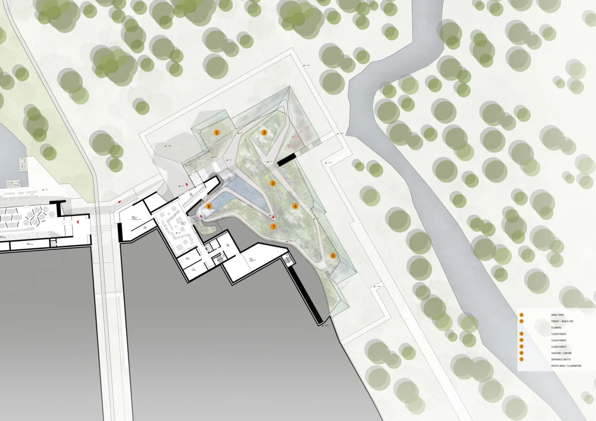 Aerial architectural site plan of a modern building complex with landscaped courtyard and a winding river.