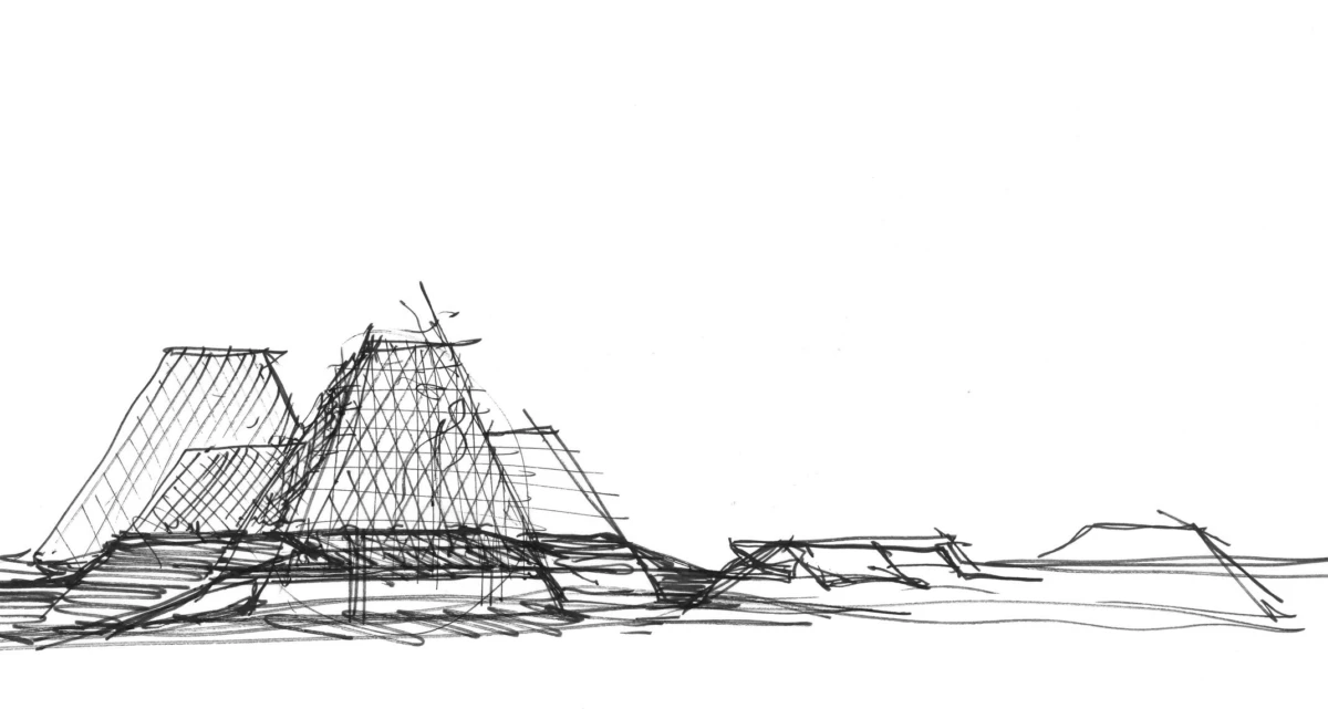 Rough sketch of cross-hatched pyramids rising from a barren desert plain.