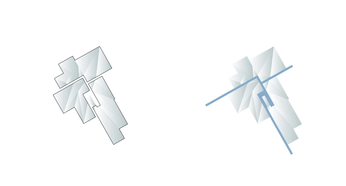 Two abstract, translucent polygonal-panel structures around a central axis; left stacked, right crossed by blue lines.
