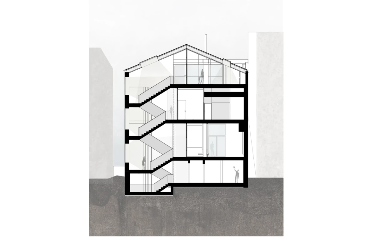 Section view of a four-story building in an urban setting, featuring bold staircases, glass-walled floors, and a pitched roof.