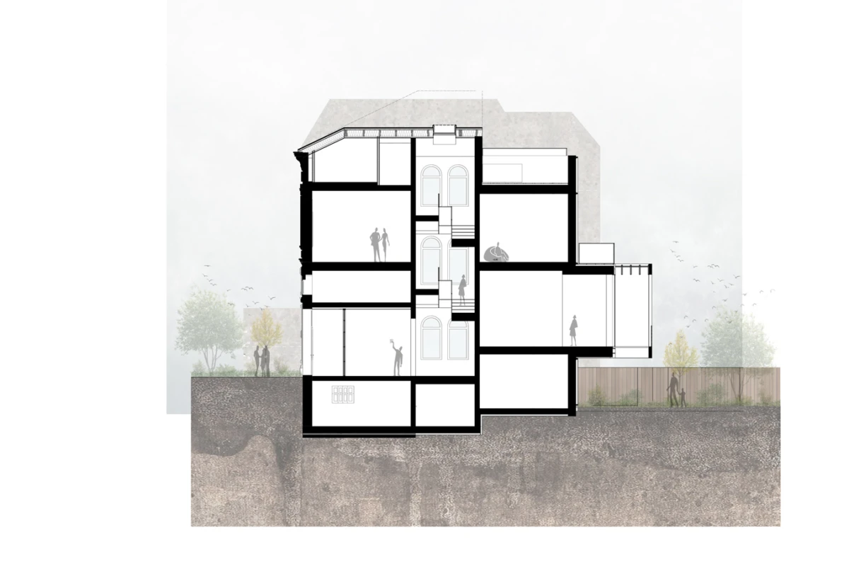 Cross-section of a four-story residential building with staircases and people inside, set against a tree-filled landscape.