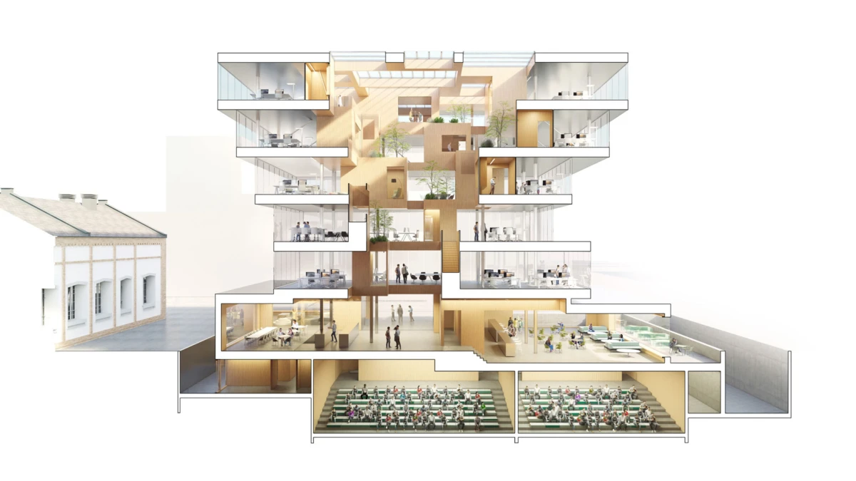 Cross-section of a modern multi-story office building with a central atrium; people work, meet, and sit in classrooms and an auditorium.