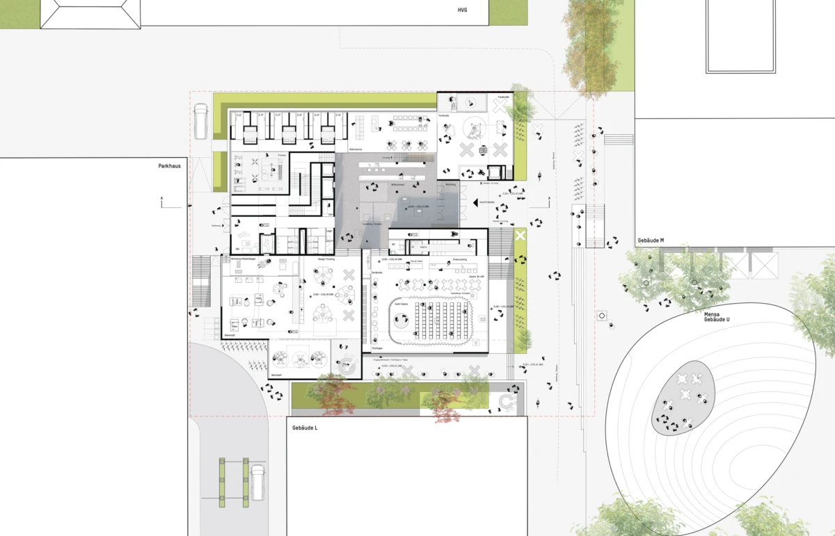 Architectural site plan of a multi-wing building, showing interior rooms, circulation, and surrounding landscaped plaza.