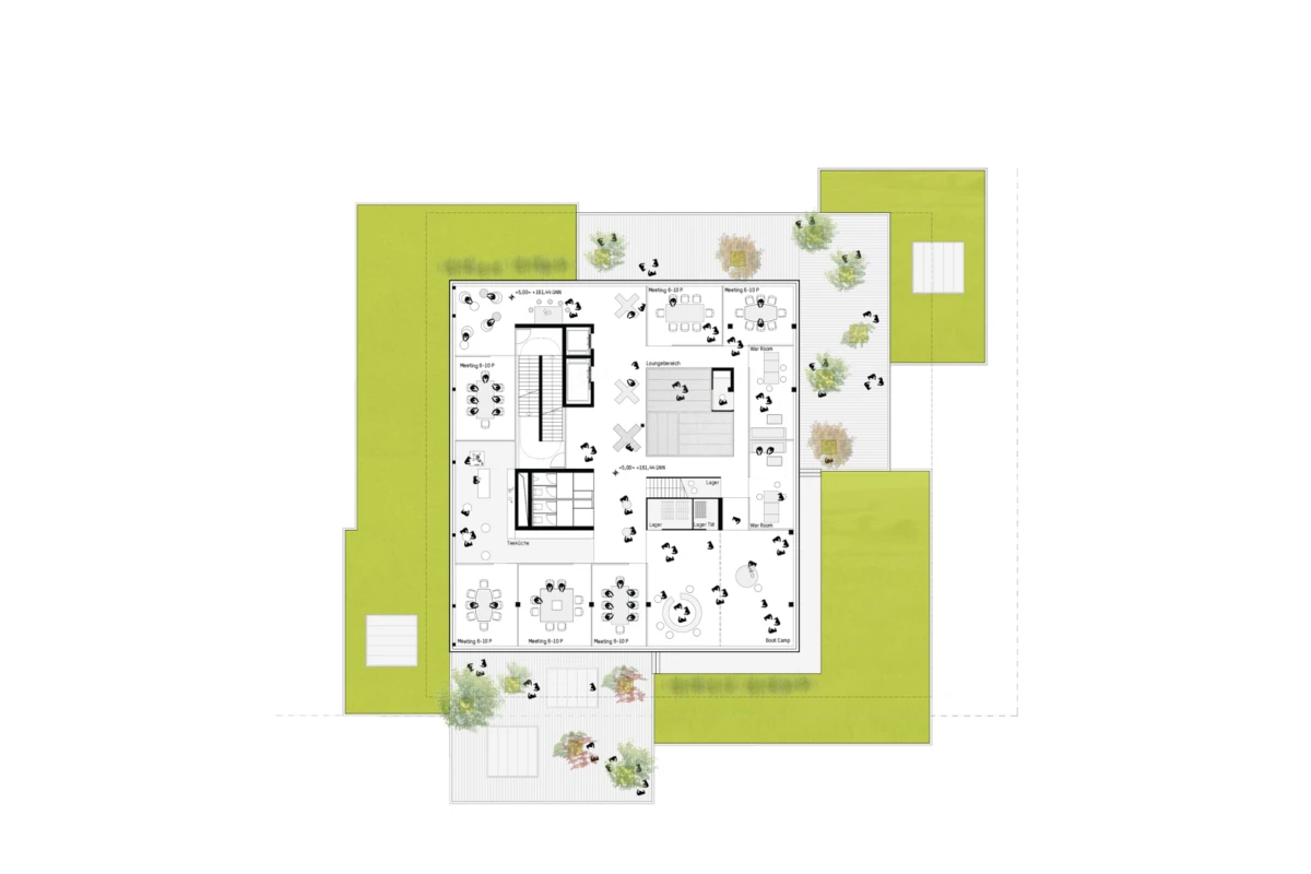 Bird's-eye view of an office floor plan with desks, meeting rooms, and people, surrounded by green lawn and terraces.