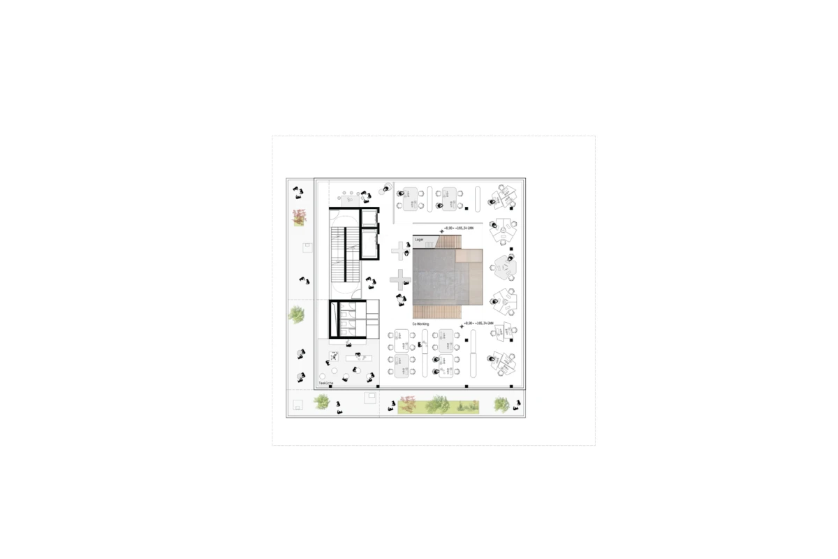 Open-office floor plan with desks around a central meeting area and stairwells.