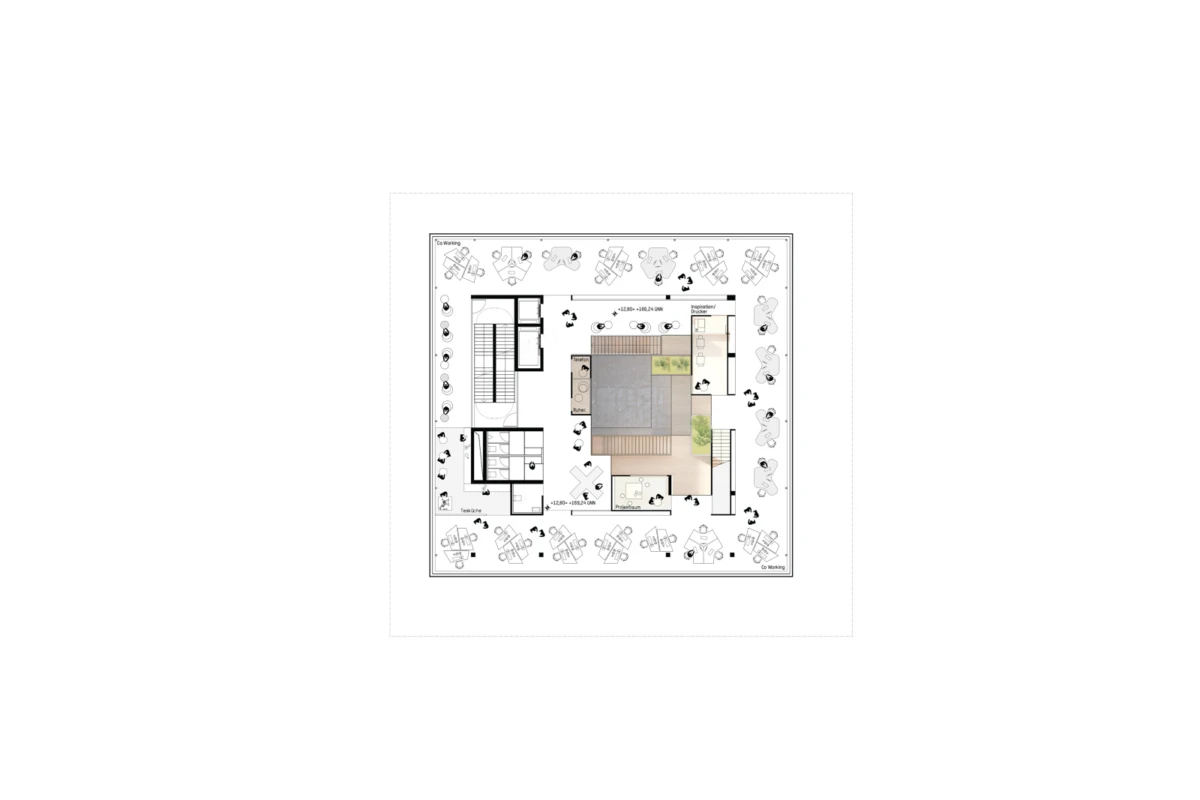 Bird's-eye view of an architectural floor plan: central building with interior rooms, surrounded by outdoor seating tables.
