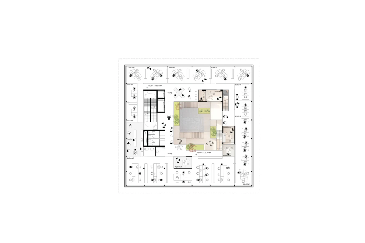Office building floor plan with a central courtyard, surrounded by open‑plan desks and small meeting rooms.