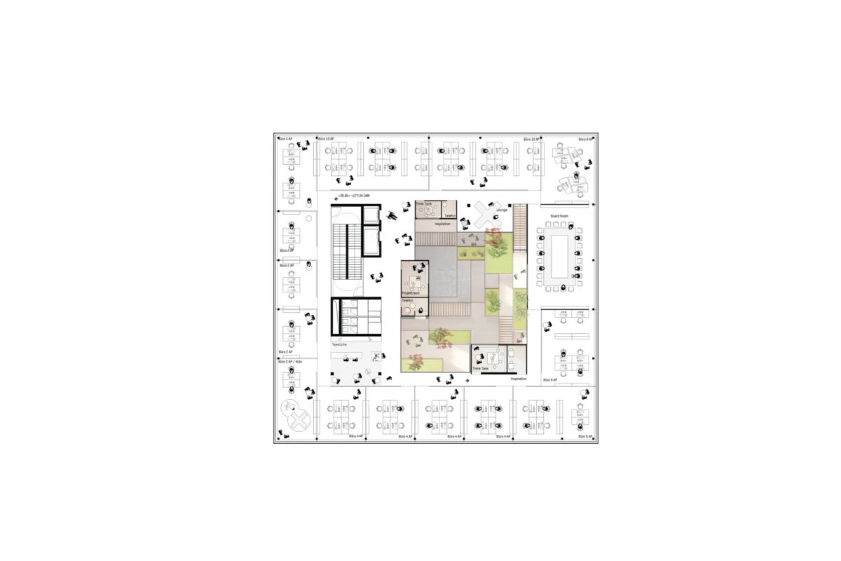 Office building floor plan with a central courtyard surrounded by open workstations, corridors, stairwells, and elevators.