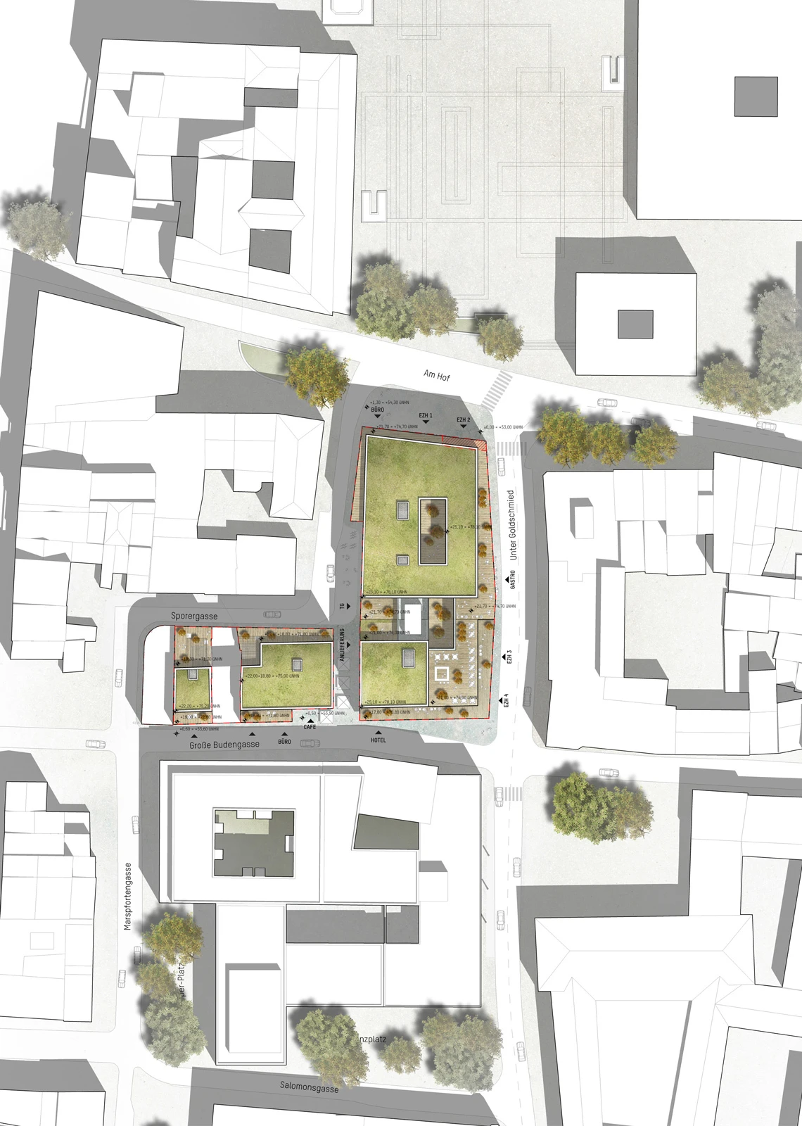 Top-down urban site plan showing two red-outlined plots with green roofs and inner courtyards, bordered by streets and trees.