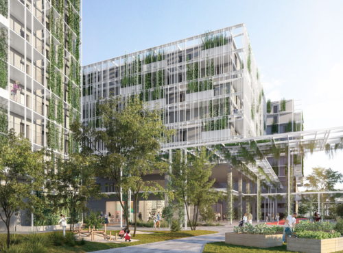 Greenery-covered residential complex with elevated walkways; people stroll and sit in a tree-filled courtyard.