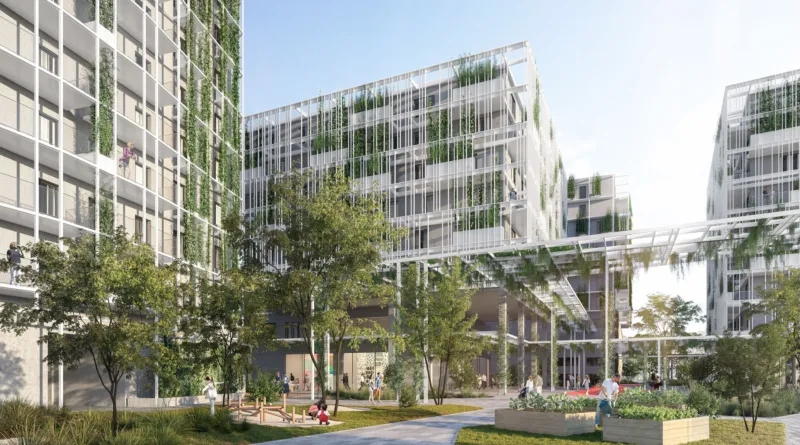 Greenery-covered residential complex with elevated walkways; people stroll and sit in a tree-filled courtyard.