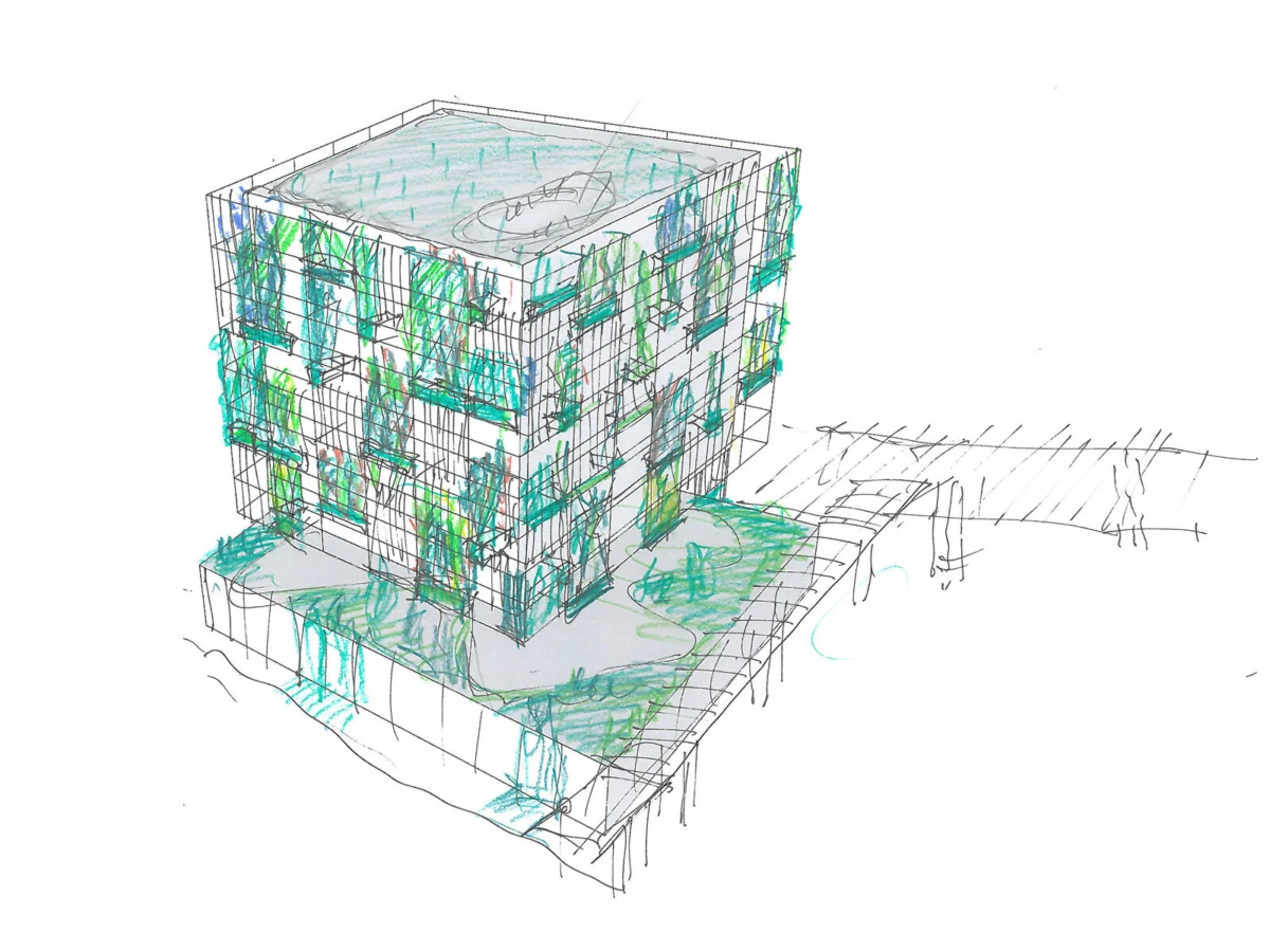 Three-story glass cube with green ivy on its exterior, atop a landscaped plaza; a loose architectural sketch.