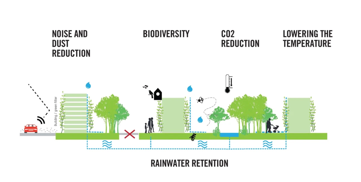 Urban cross-section with buildings, trees, and water features illustrating rainwater retention and its benefits.