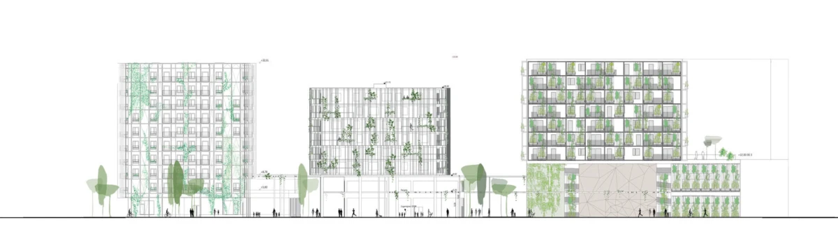 Elevation of a modern mixed-use building complex with green façades and vertical gardens; pedestrians walk along a tree-lined plaza.