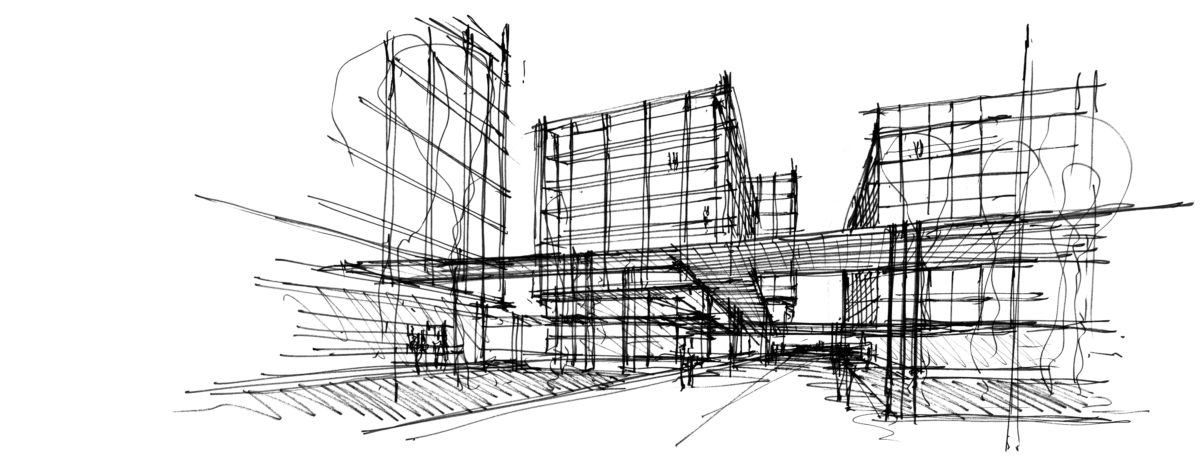 Wireframe construction site with steel reinforcement bars and metal scaffolding forming a building frame.