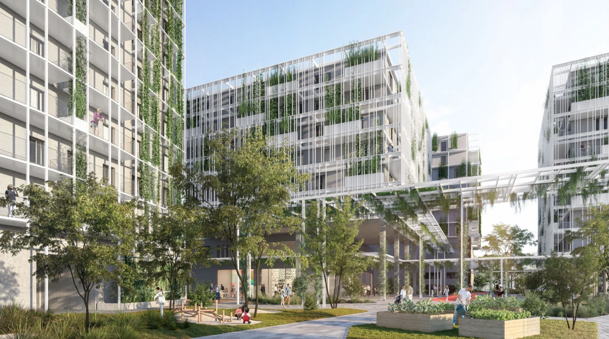 Greenery-covered residential complex with elevated walkways; people stroll and sit in a tree-filled courtyard.