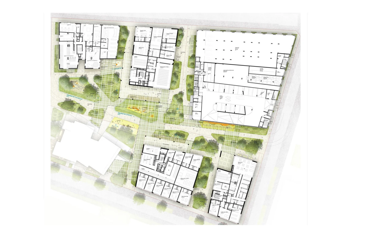 Architectural site plan of a development with several rectangular buildings, pedestrian plazas, and landscaped courtyards.