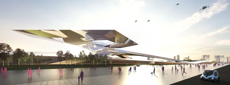 Futuristic angular pavilion over a waterfront plaza; pedestrians stroll past trees with a distant city skyline.