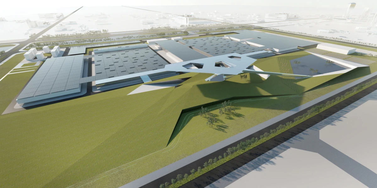Futuristic research campus on a grassy hill with flat-roof buildings, solar panels, and a white angular skybridge.